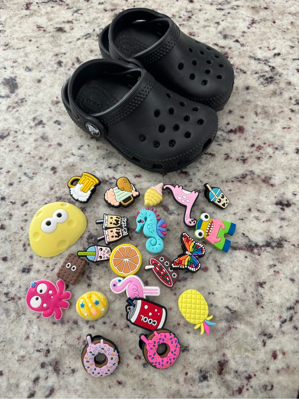 CROCS Toddler Classic Clogs in Black with Jibbitz Accessories